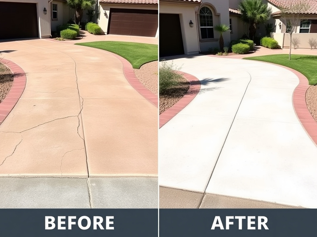 Before and after concrete leveling on a Scottsdale driveway