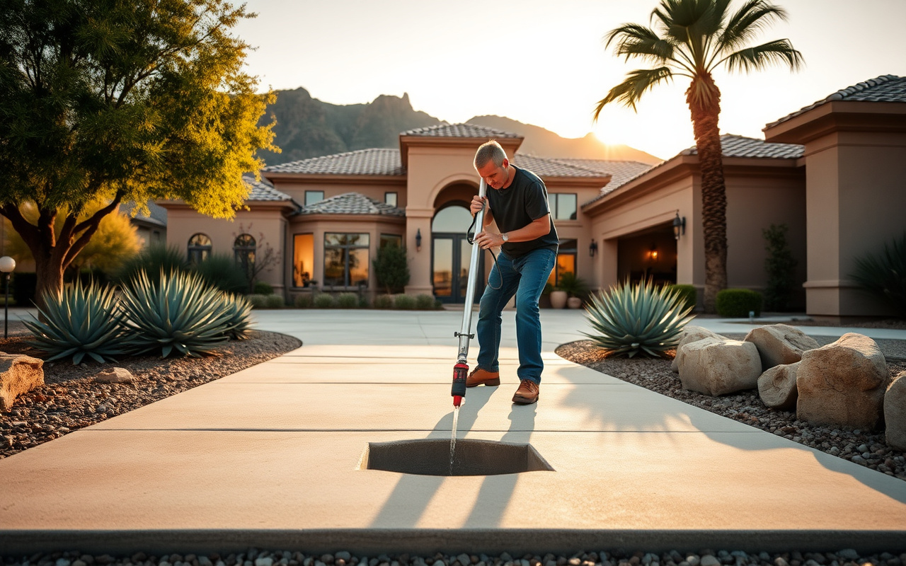 Concrete lifting technician leveling a sunken driveway at an upscale Scottsdale home